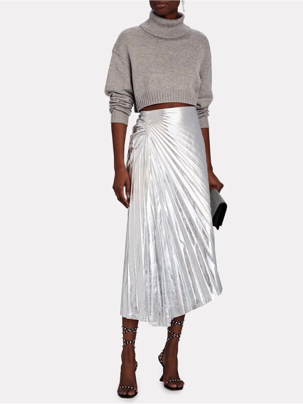 A.L.C. Tori Faux Leather Pleated Asymmetric Skirt Silver Metallic 2 NWT  $495